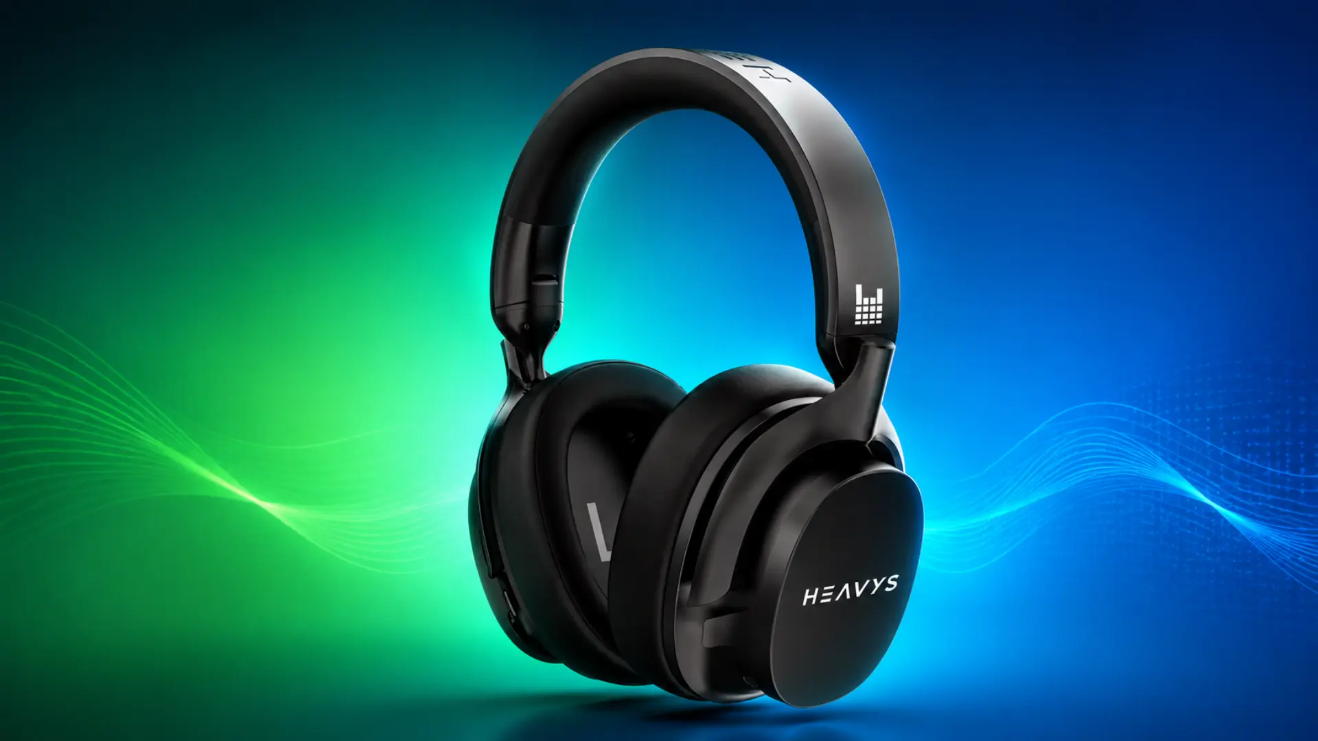 HEAVYS black wireless headphones on blue-green gradient background with modern audio wave design