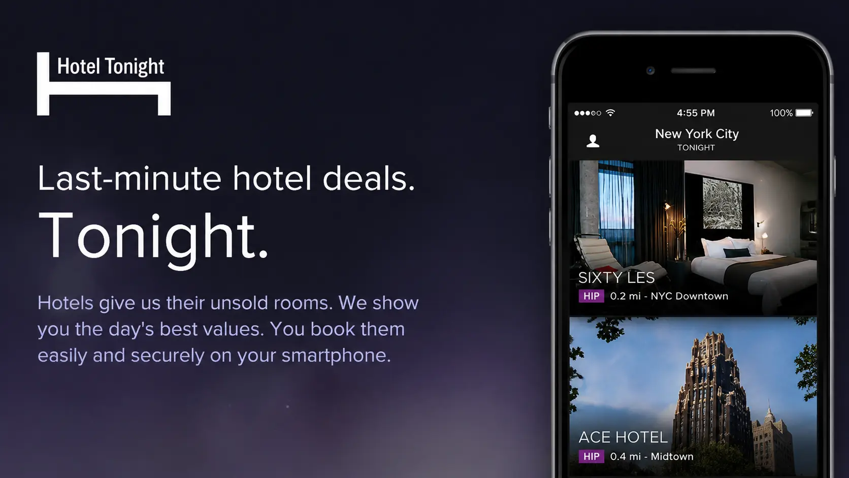 hotel tonight app showing last minute hotel deals for travelers during road trips