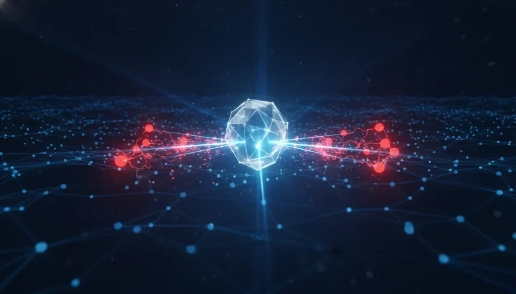Futuristic digital network with glowing geometric shape and red nodes on dark background