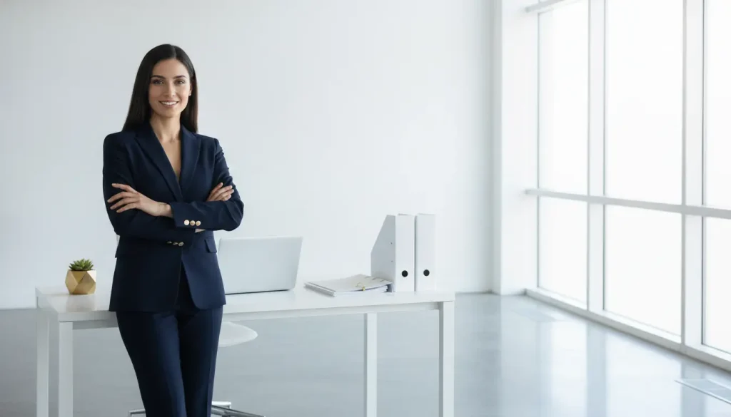 Confident businesswoman in navy suit standing in bright modern office with laptop on white desk