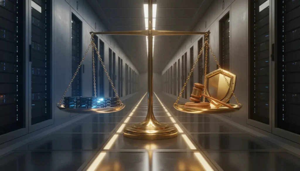 Scales of justice in a data center with servers under bright lighting