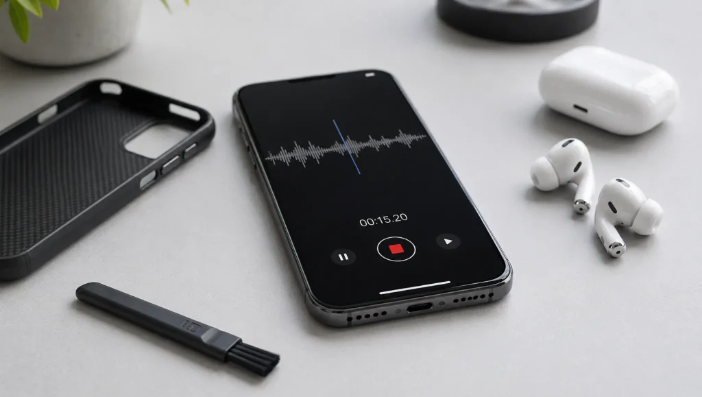 how to fix phone microphone with smartphone voice recorder case brush and earbuds on clean desk