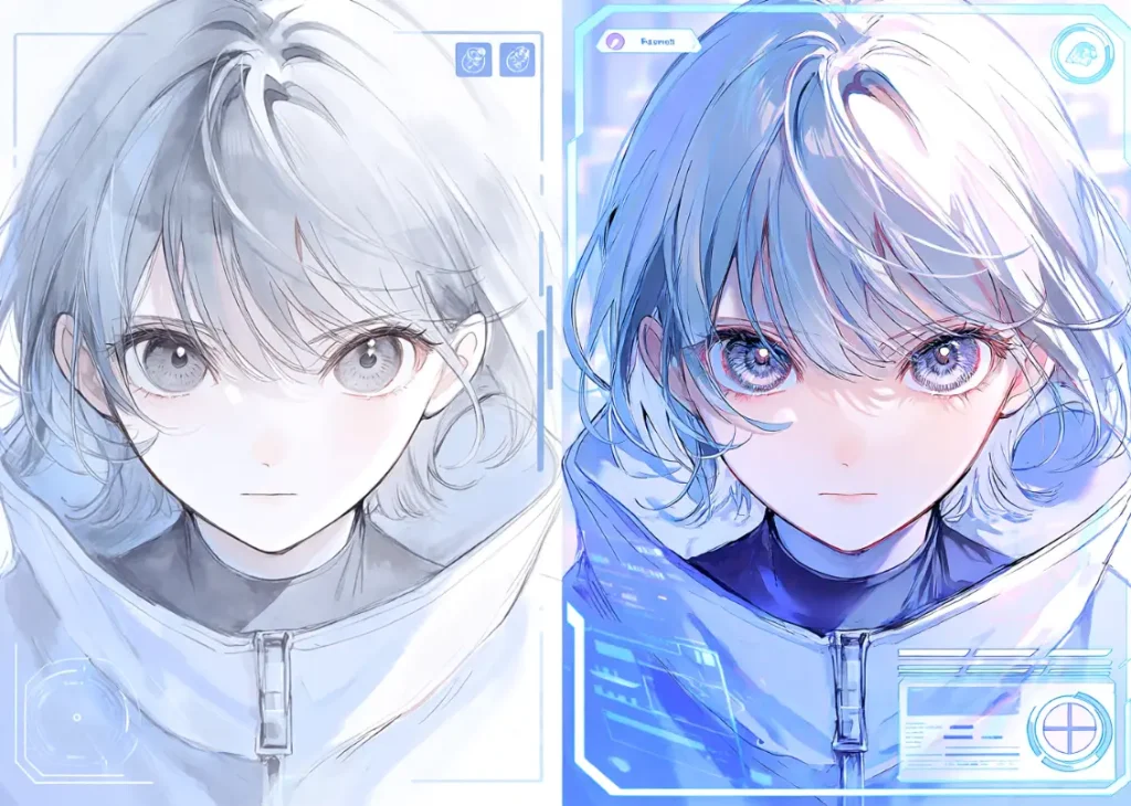 Split-screen of two anime characters with blue eyes and short hair in futuristic setting
