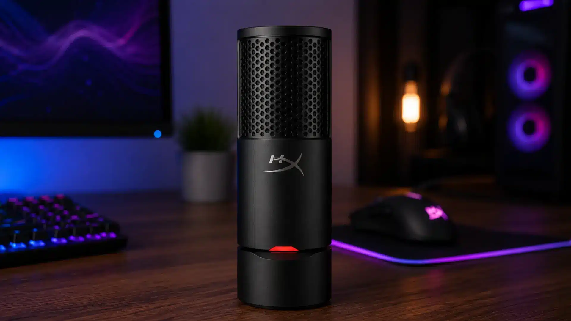 HyperX SoloCast 2 microphone on a simple budget gaming desk