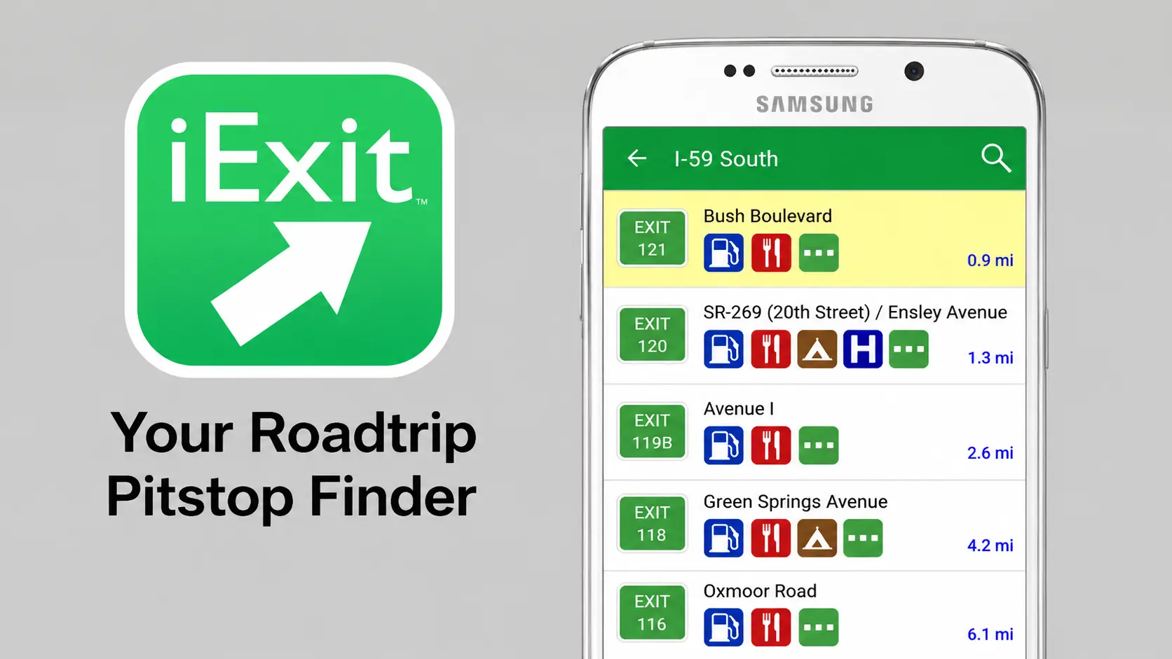 iexit app showing highway exits with nearby gas food and hotel options for road trip stops