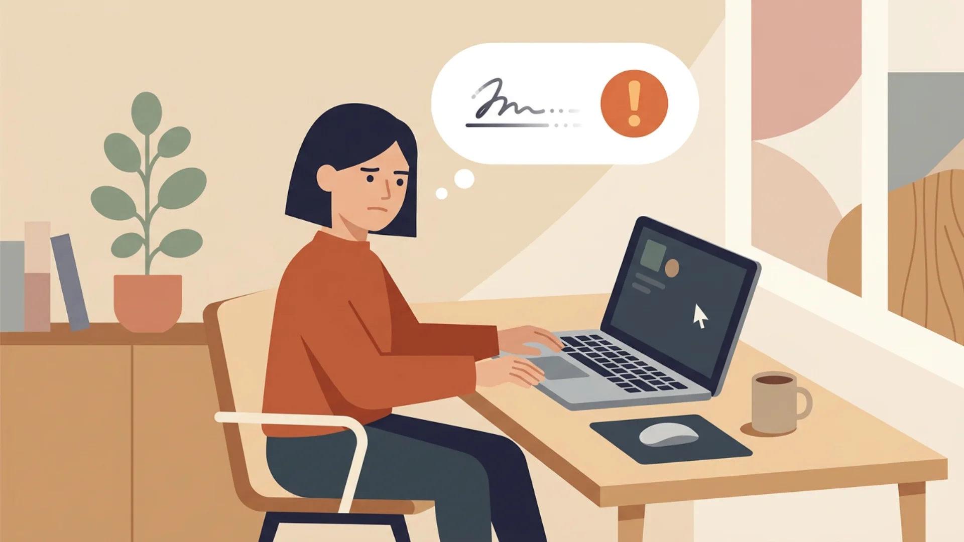 Illustration of a user troubleshooting an Outlook email signature issue on a laptop
