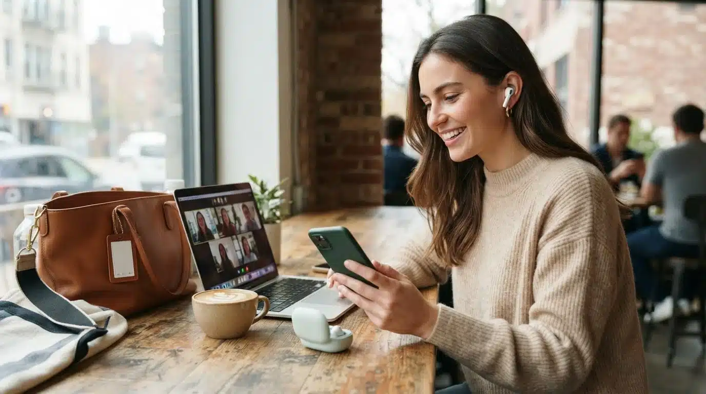 person using airpods with android smartphone