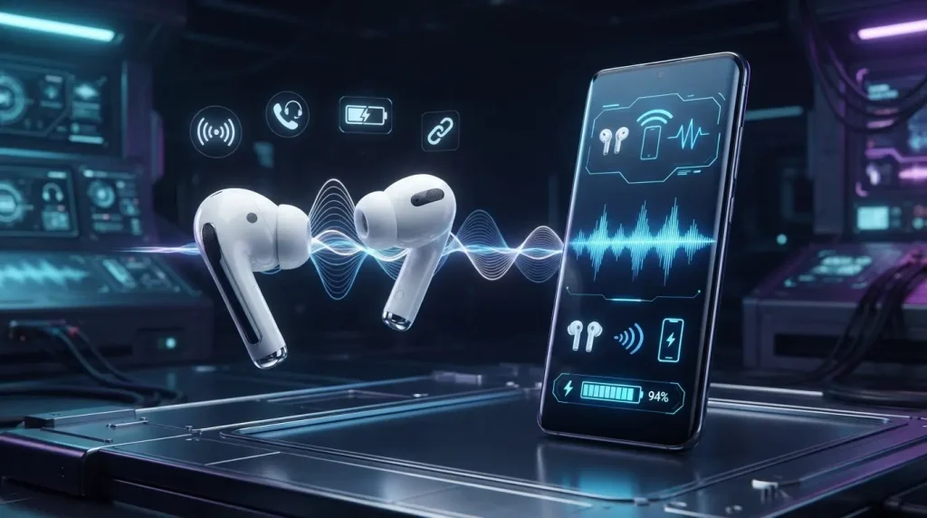 wireless earbuds connected to android smartphone showing modern bluetooth technology