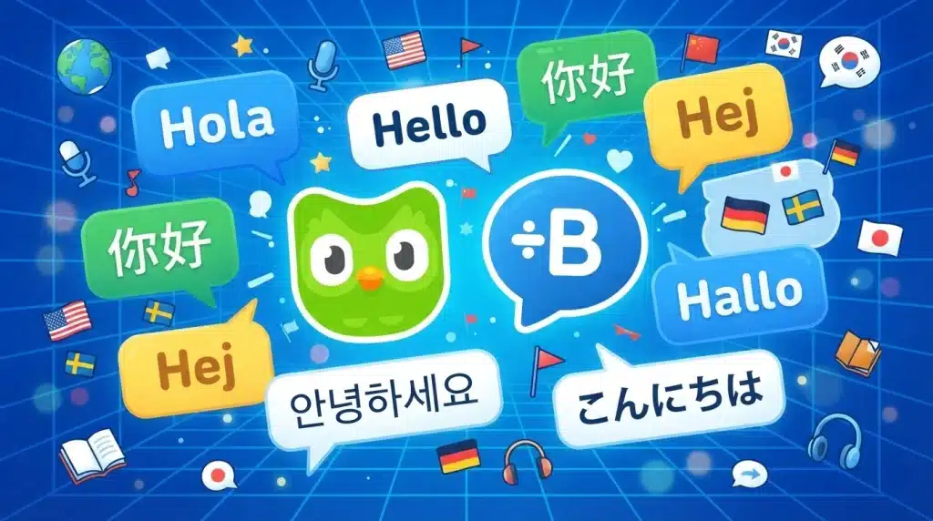 language learning app icons with multilingual speech bubbles showing digital language practice concept