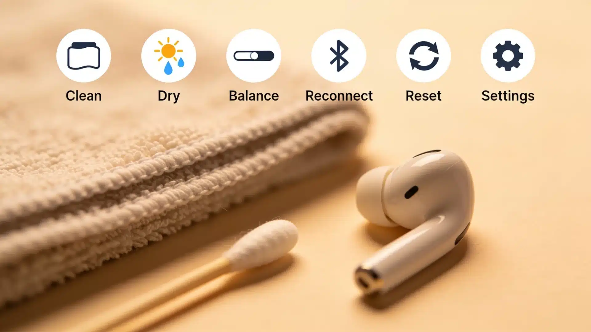 Infographic showing AirPods muffled sound fixes, including clean, dry, balance, reconnect, reset, and settings
