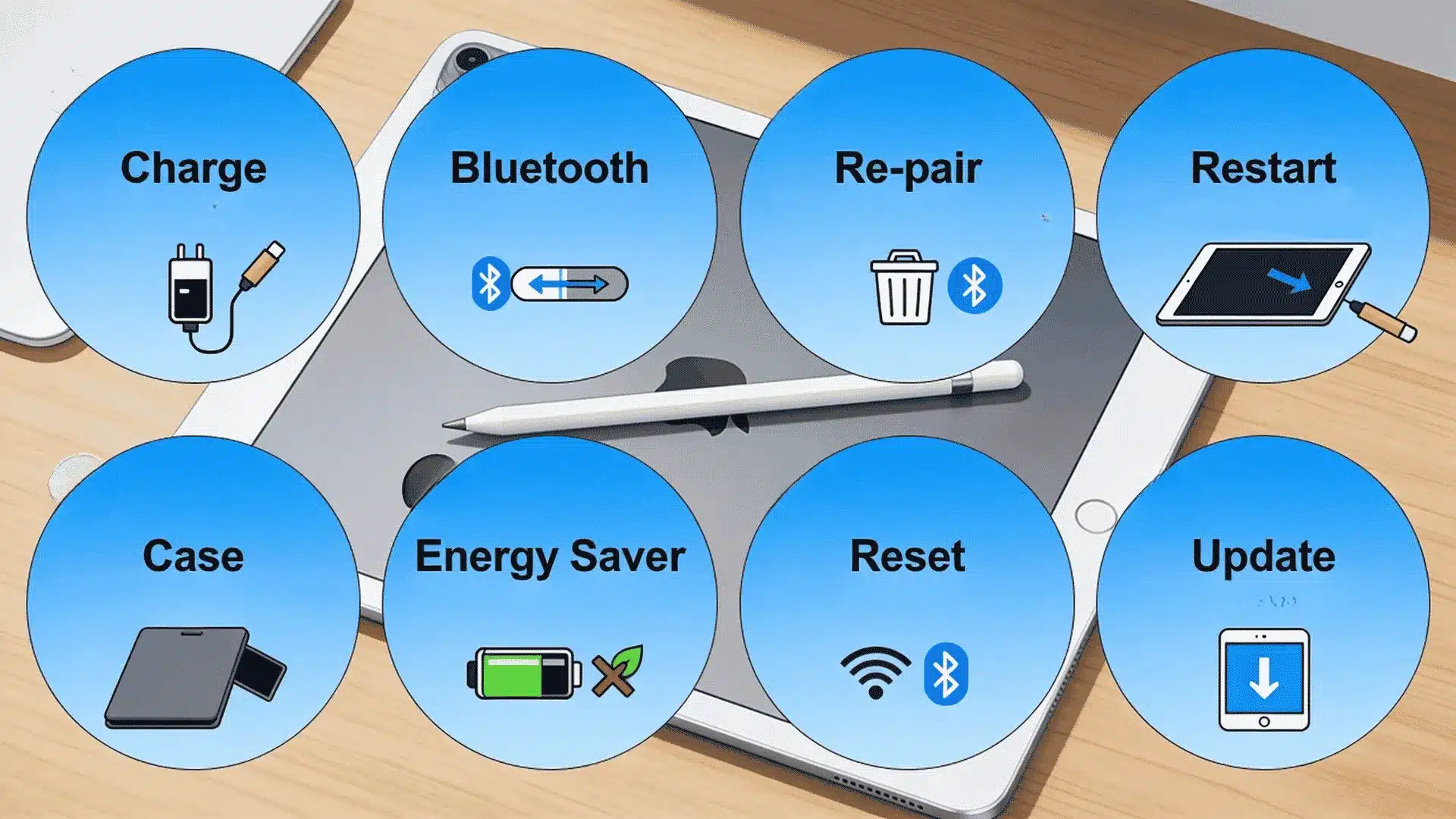 Infographic showing eight Apple Pencil connection fixes including charge, Bluetooth, re-pair, restart, case, reset, and update