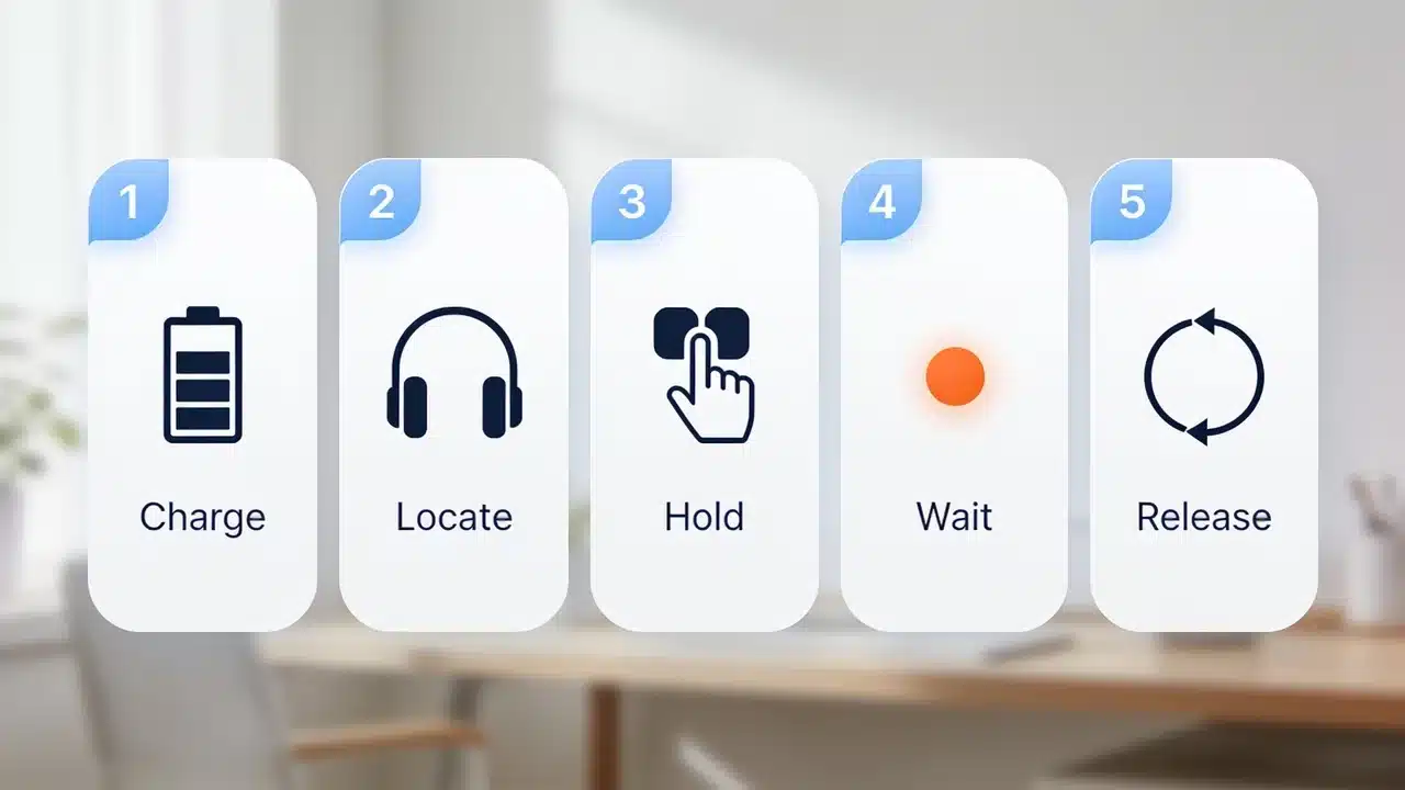 Infographic showing five AirPods Max reset steps including charge, locate, hold, wait, and release
