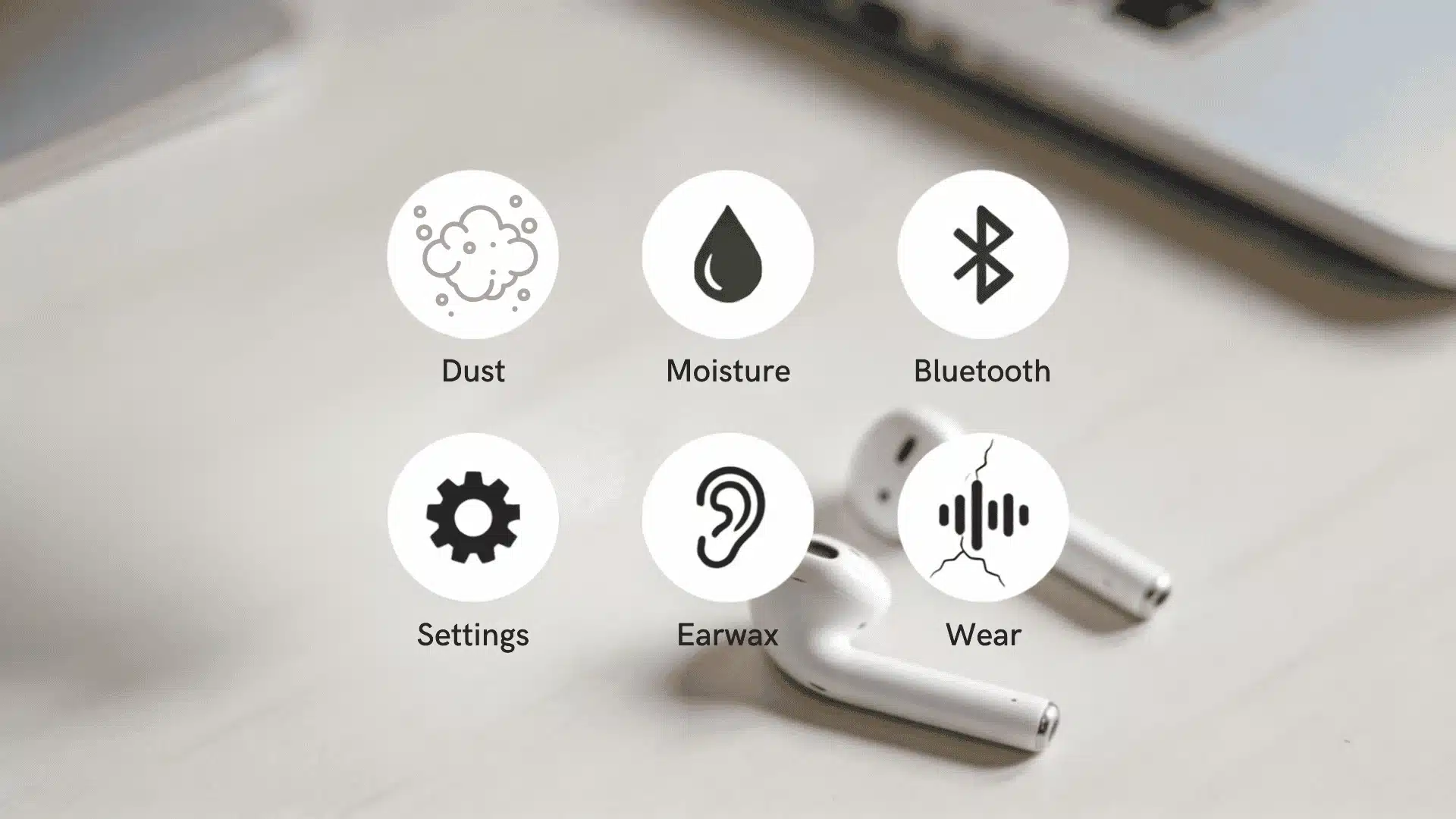 Infographic showing reasons AirPods sound muffled, including dust, moisture, Bluetooth, settings, earwax, and wear