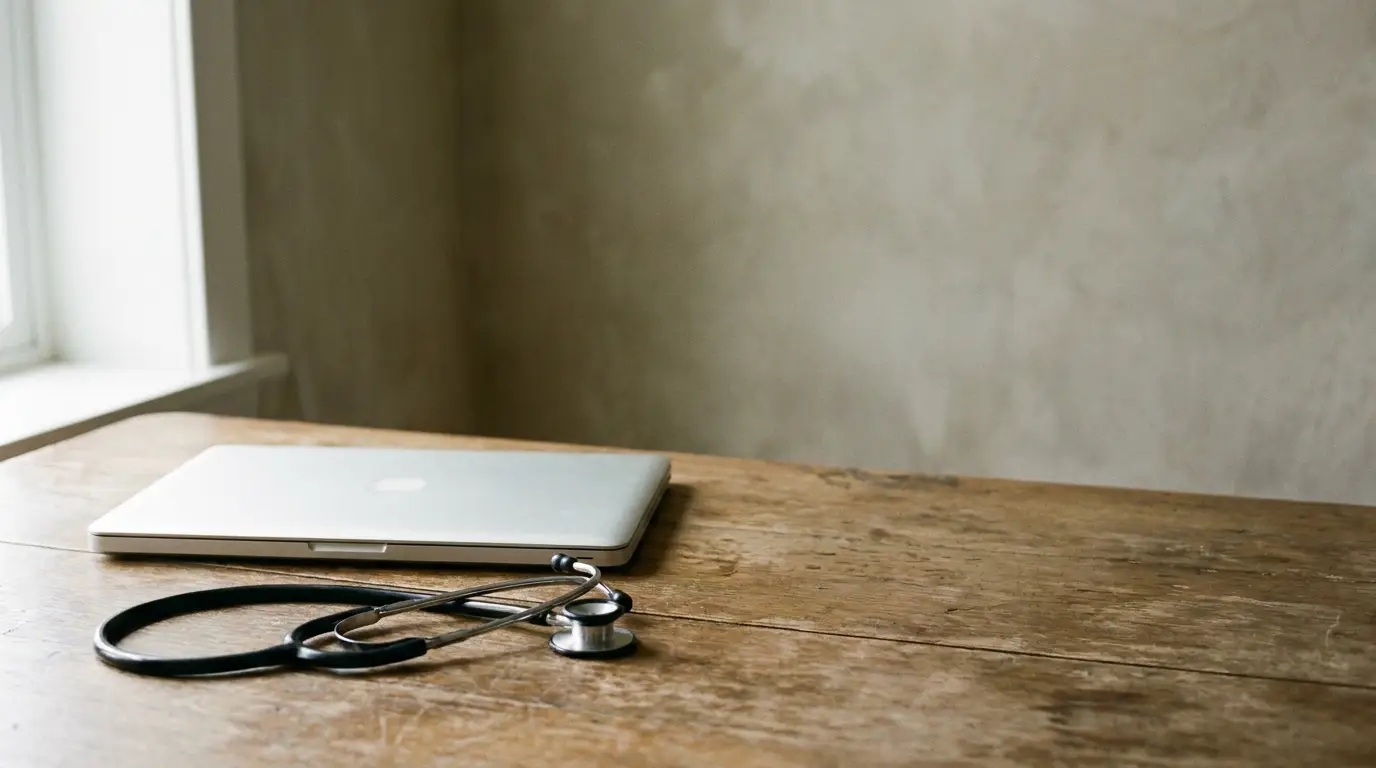 Closed laptop and stethoscope on wooden table in soft natural light