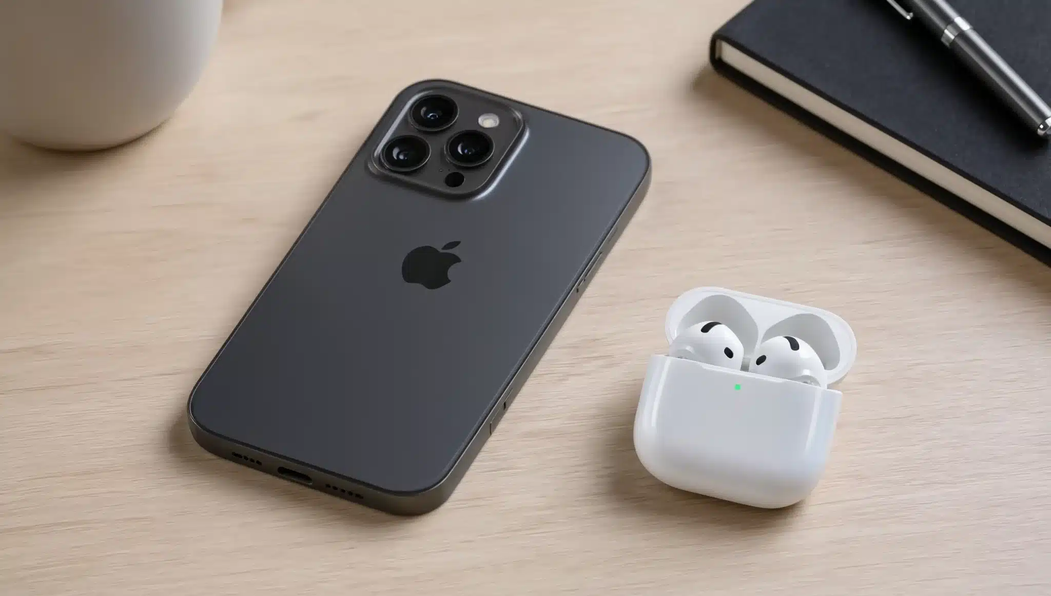 iPhone and open AirPods case with green light on a wooden desk beside a notebook, pen, and mug