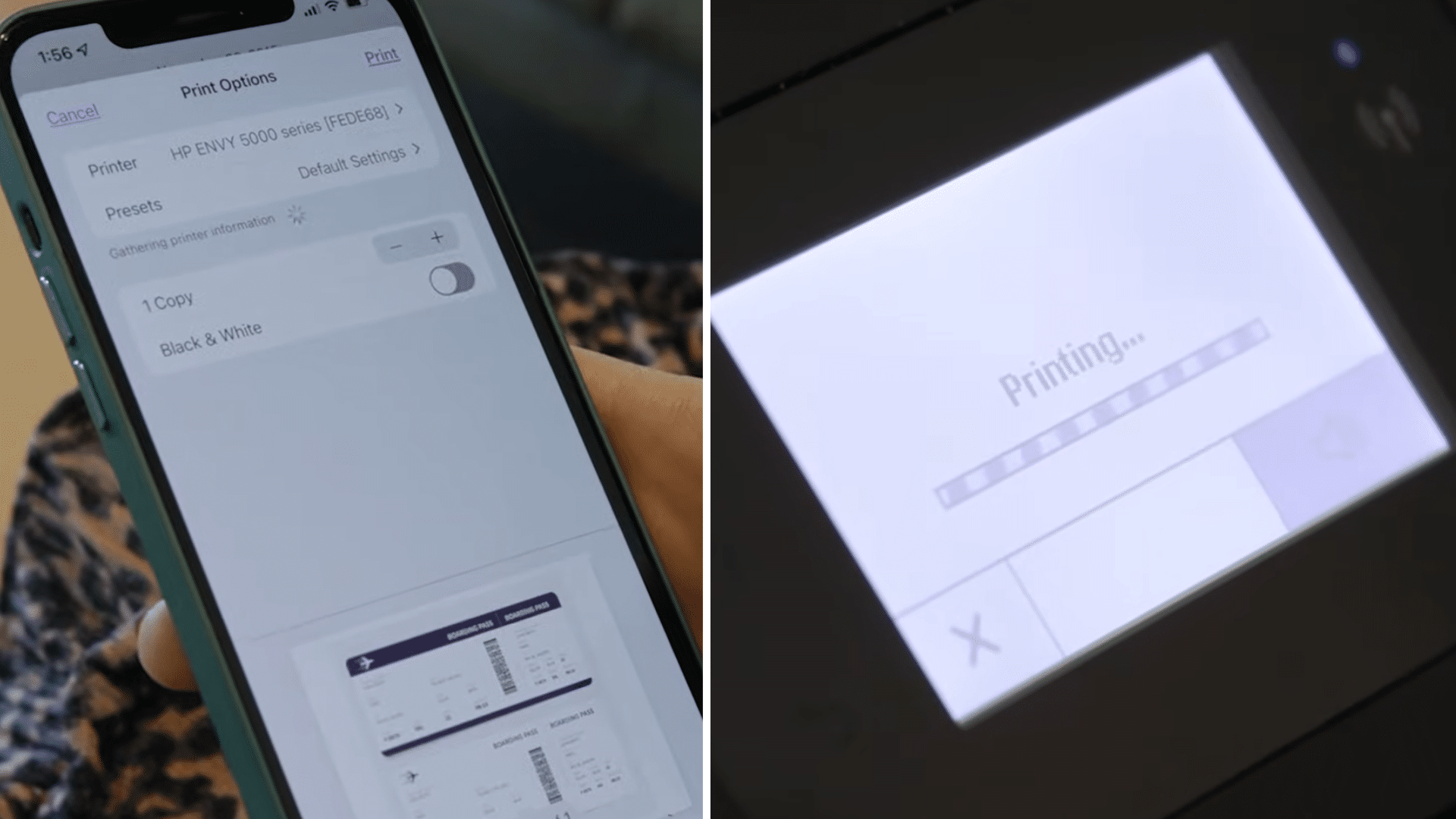 iphone print options screen beside printer display showing wireless print job being processed and printing in progress