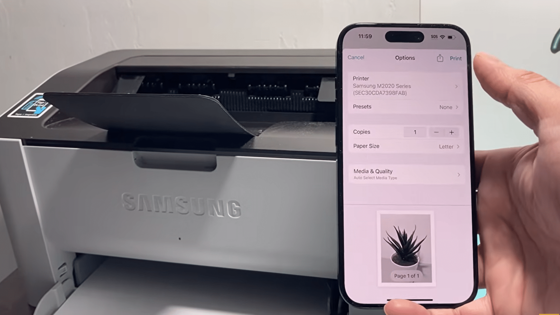 iphone print options screen showing samsung wireless printer settings and photo preview before sending the print job