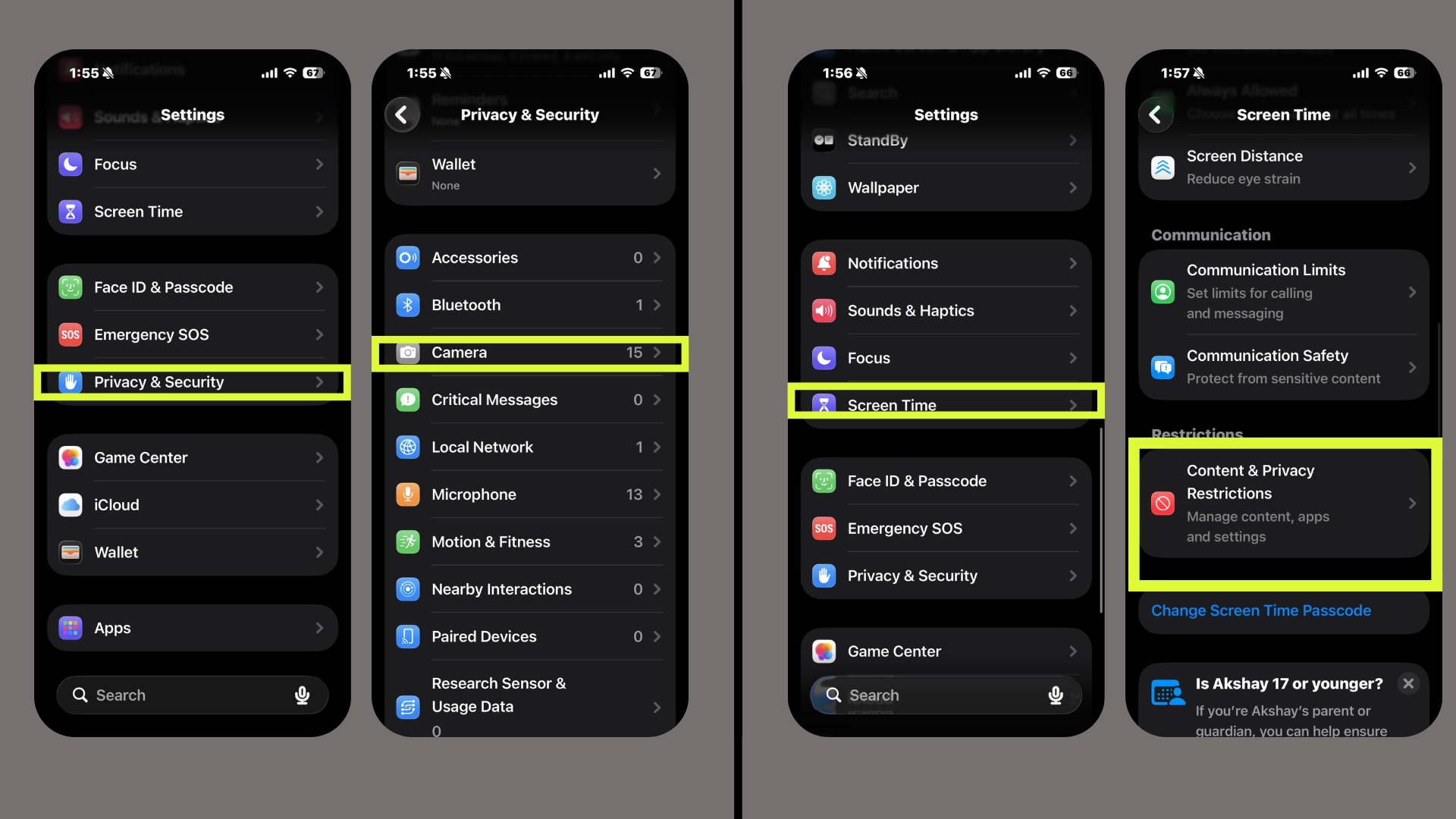 iphone privacy security and screen time settings showing camera permissions and content restrictions steps