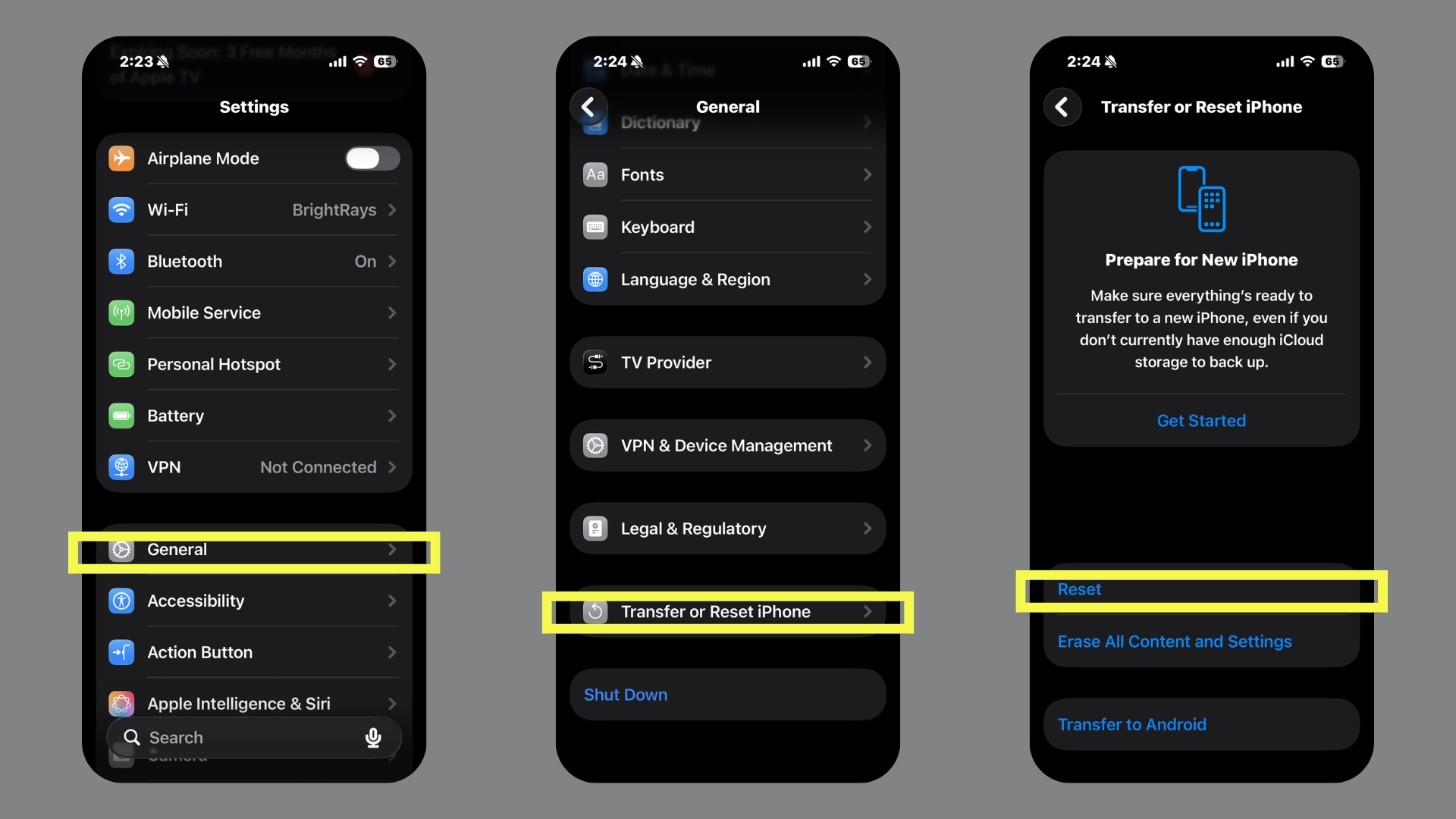 iphone settings showing general transfer and reset iphone steps to reset device settings for camera issues
