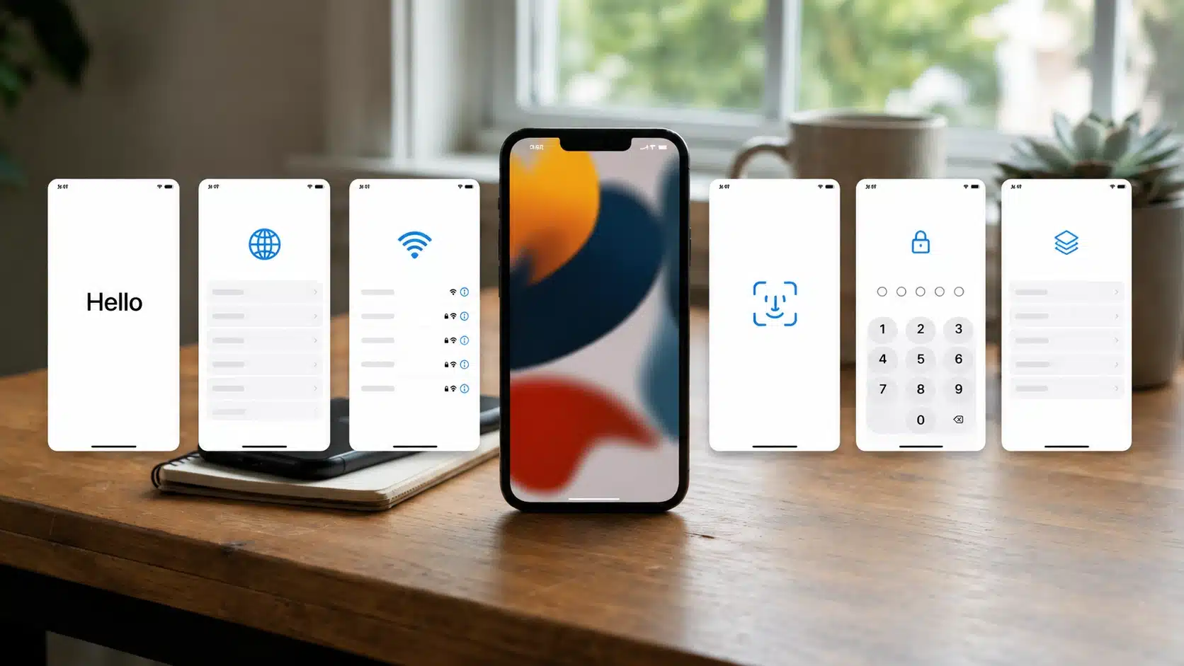 iphone setup assistant showing hello screen wifi face id and data transfer steps on devices