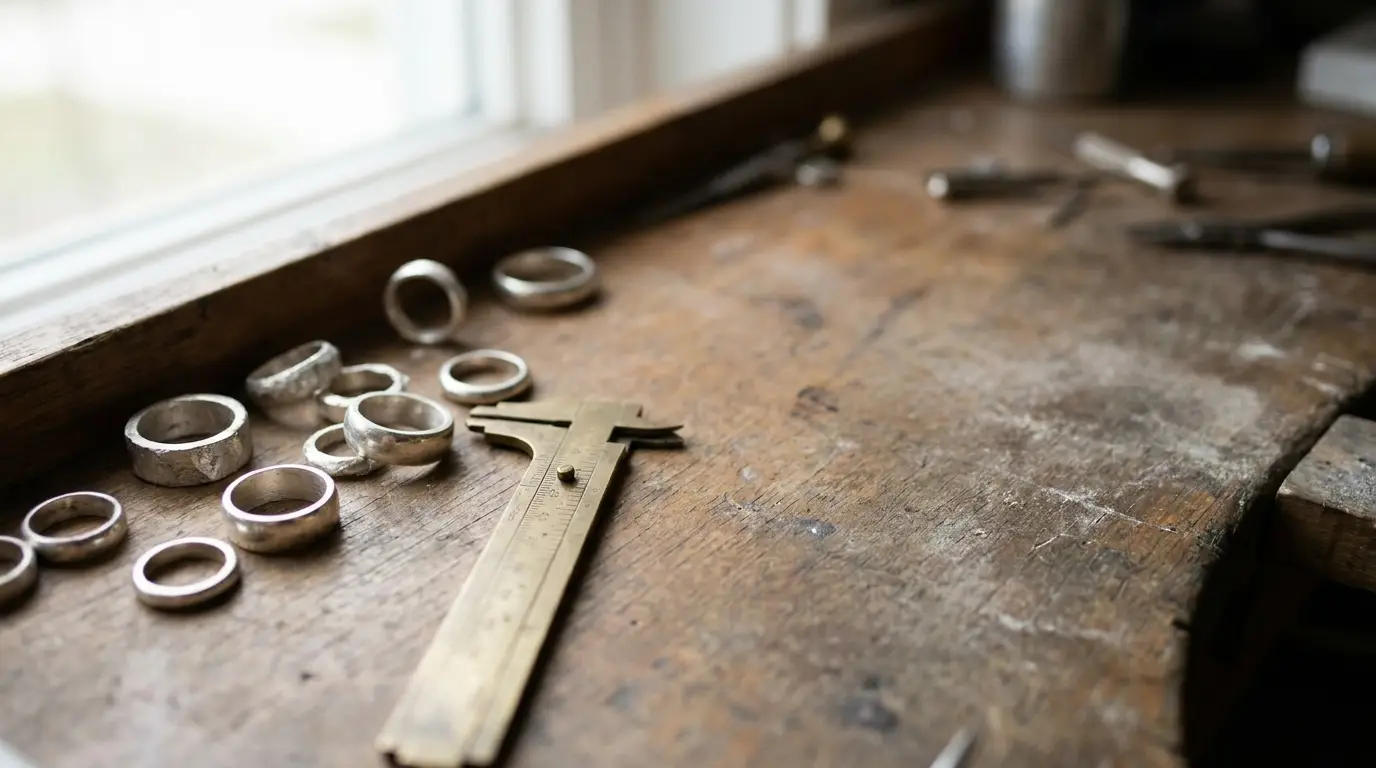 Rings and brass caliper on wooden workbench in natural light workshop setting