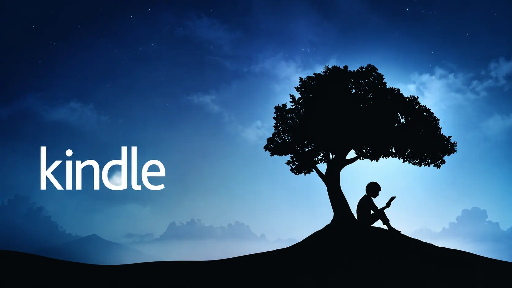 kindle reading illustration showing person using ebook device under tree with night sky background