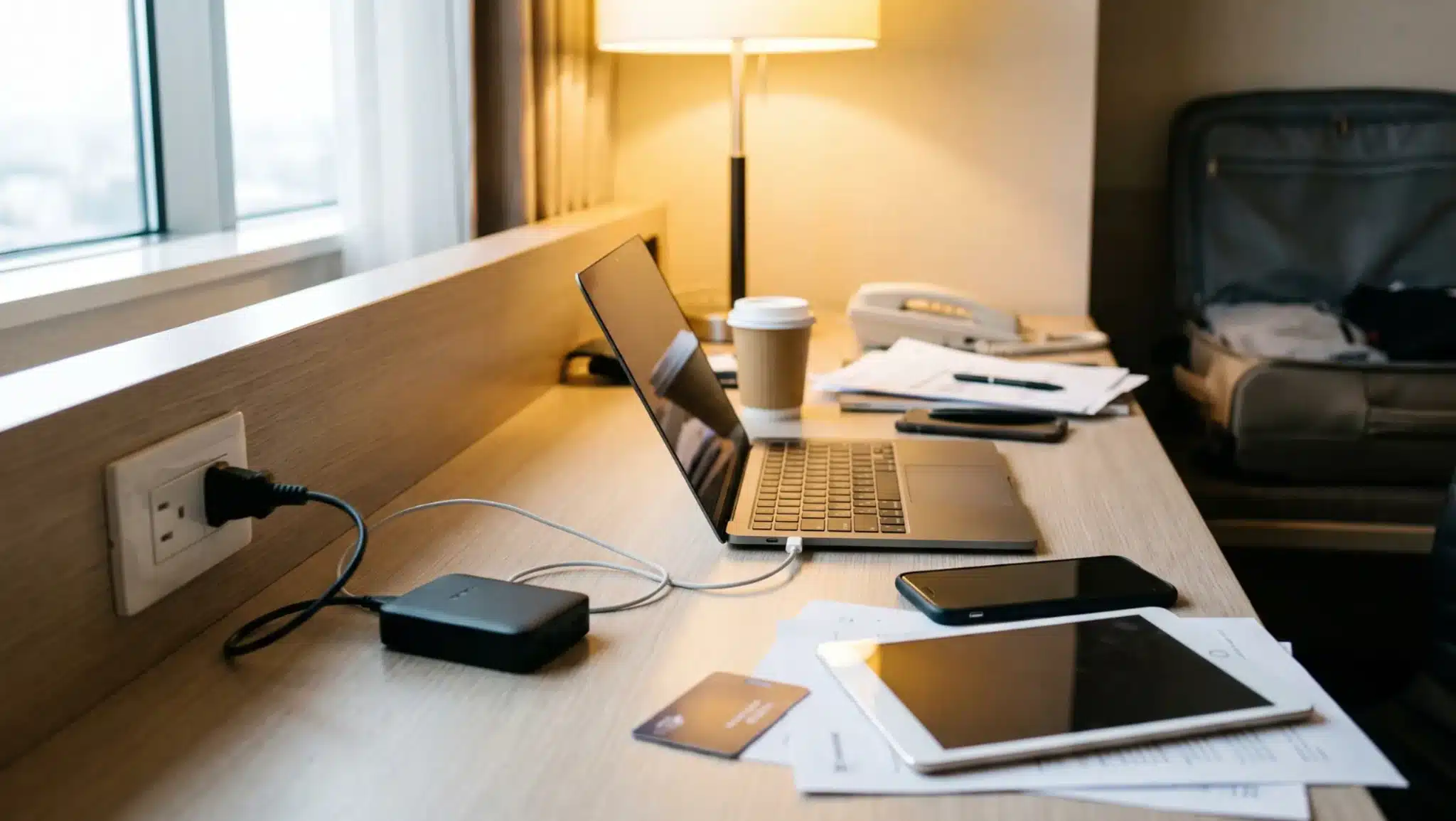 laptop charging through a power adapter on a hotel desk beside phone, tablet, documents, coffee, and luggage