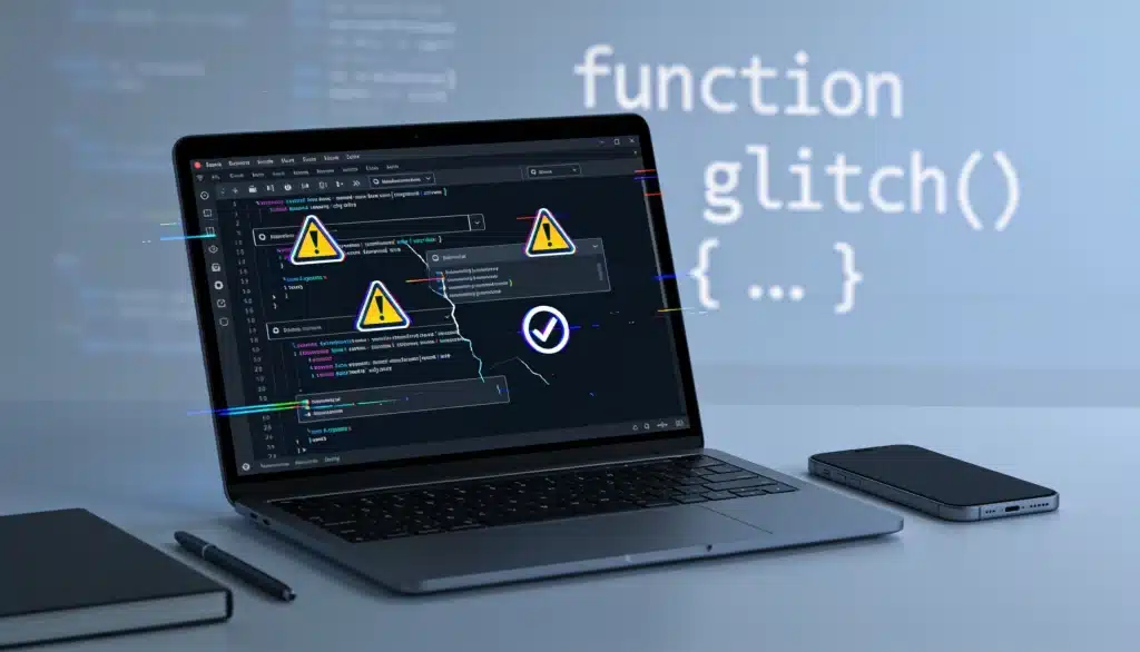 laptop displaying software code errors and bug warnings during debugging