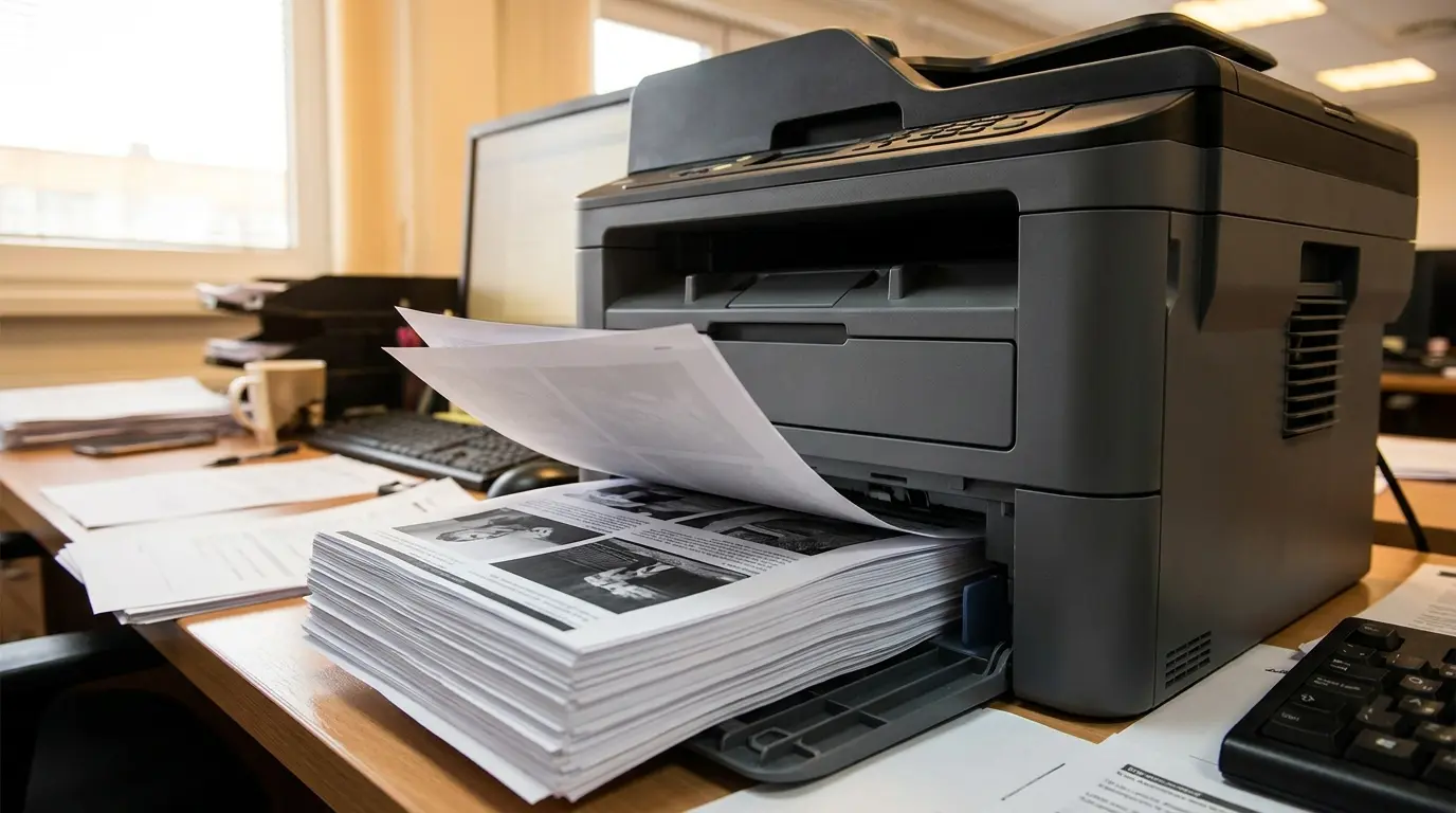 laser printer printing black text documents on office desk with paper stacked and realistic lighting details