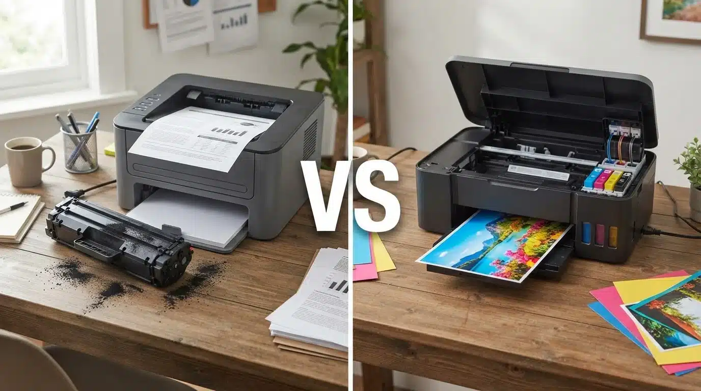 laser printer with toner cartridge versus inkjet printer with colorful prints split comparison