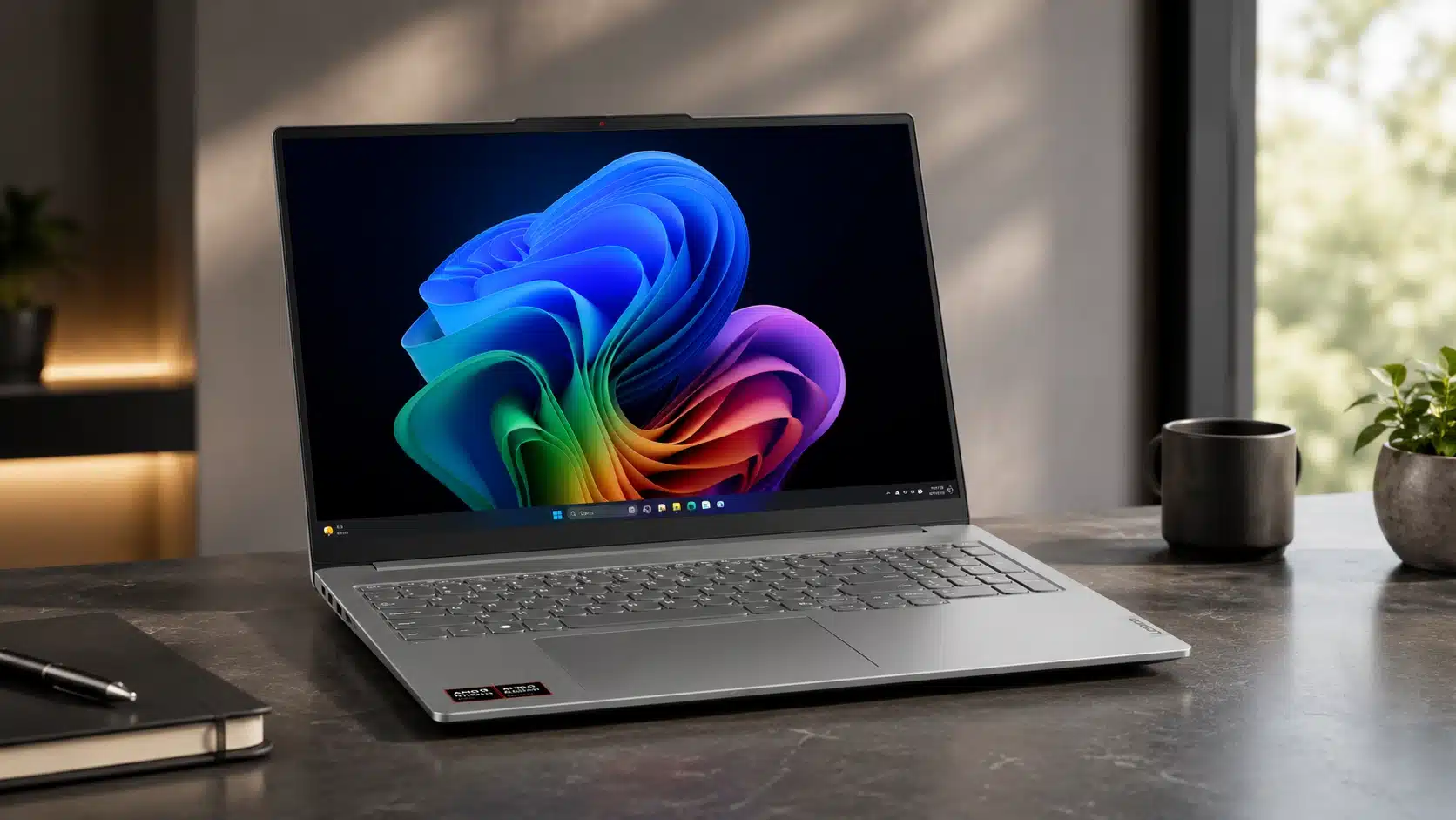 lenovo ideapad laptop displaying windows 11 on a modern desk beside a notebook mug and plant