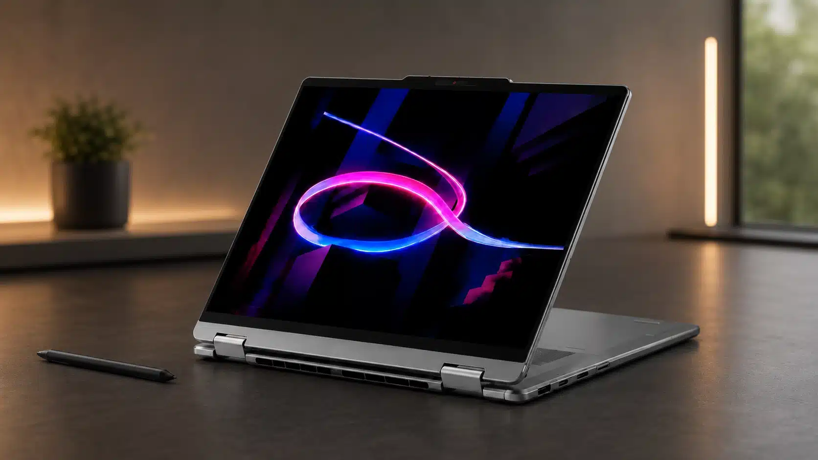 lenovo yoga foldable laptop in tent mode with a bright touchscreen and stylus on a modern desk (1)
