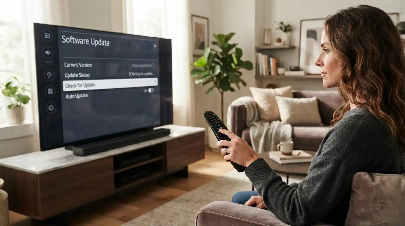 lg smart tv displaying software update settings while checking current version with remote