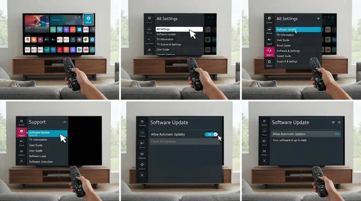lg tv automatic software update steps shown in settings menu with remote control