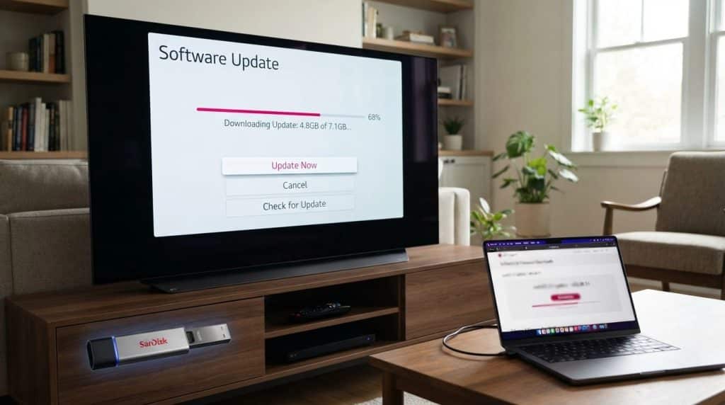lg tv software update screen with laptop and usb drive setup
