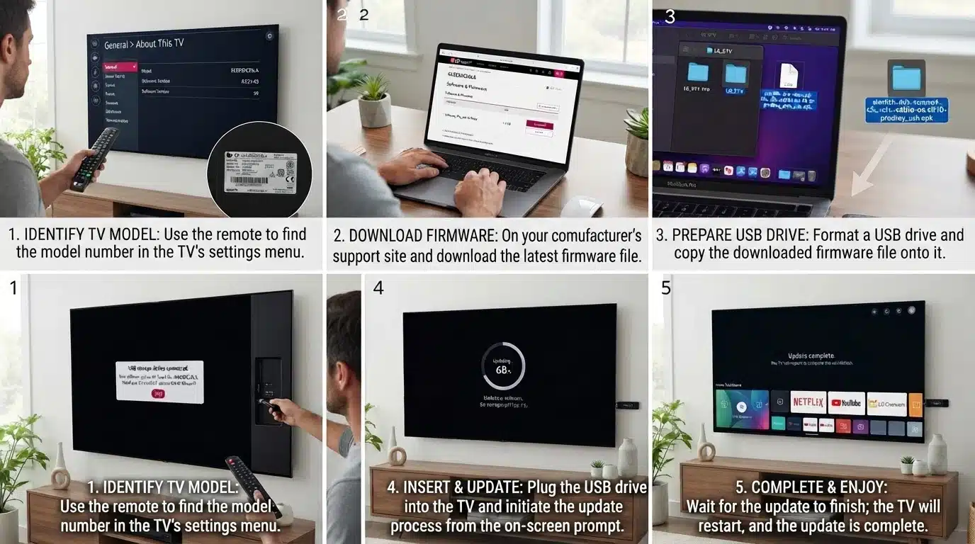 lg tv software update steps using usb drive in five panels