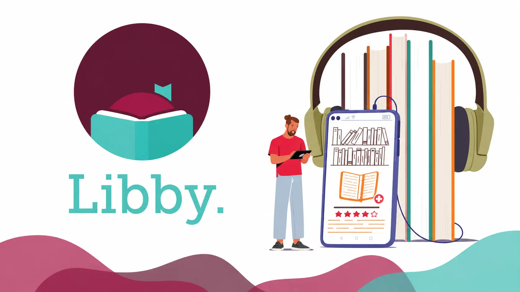 libby app illustration showing digital reading with tablet headphones and books for ebook access