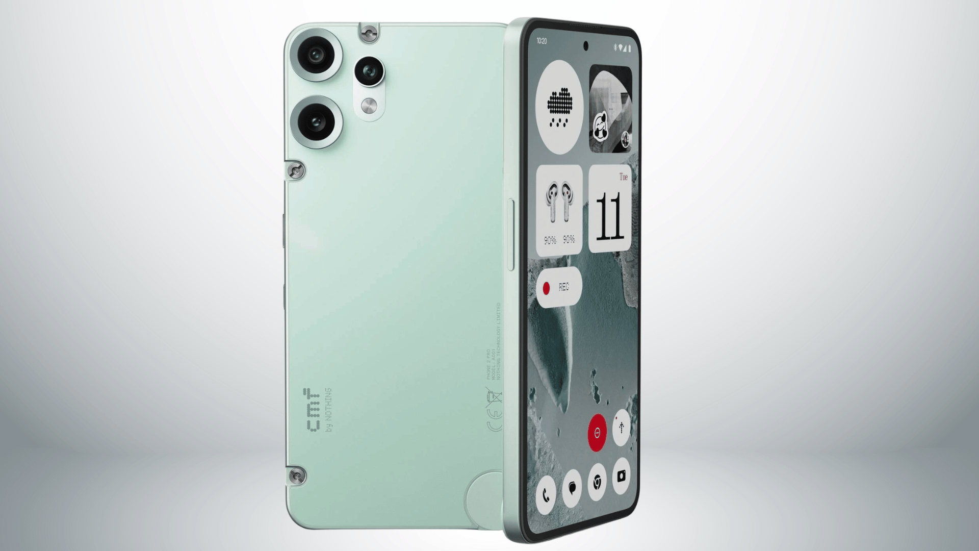 Light green CMF Phone Pro 2 showing the front display and dual-camera back with the signature dial screw design