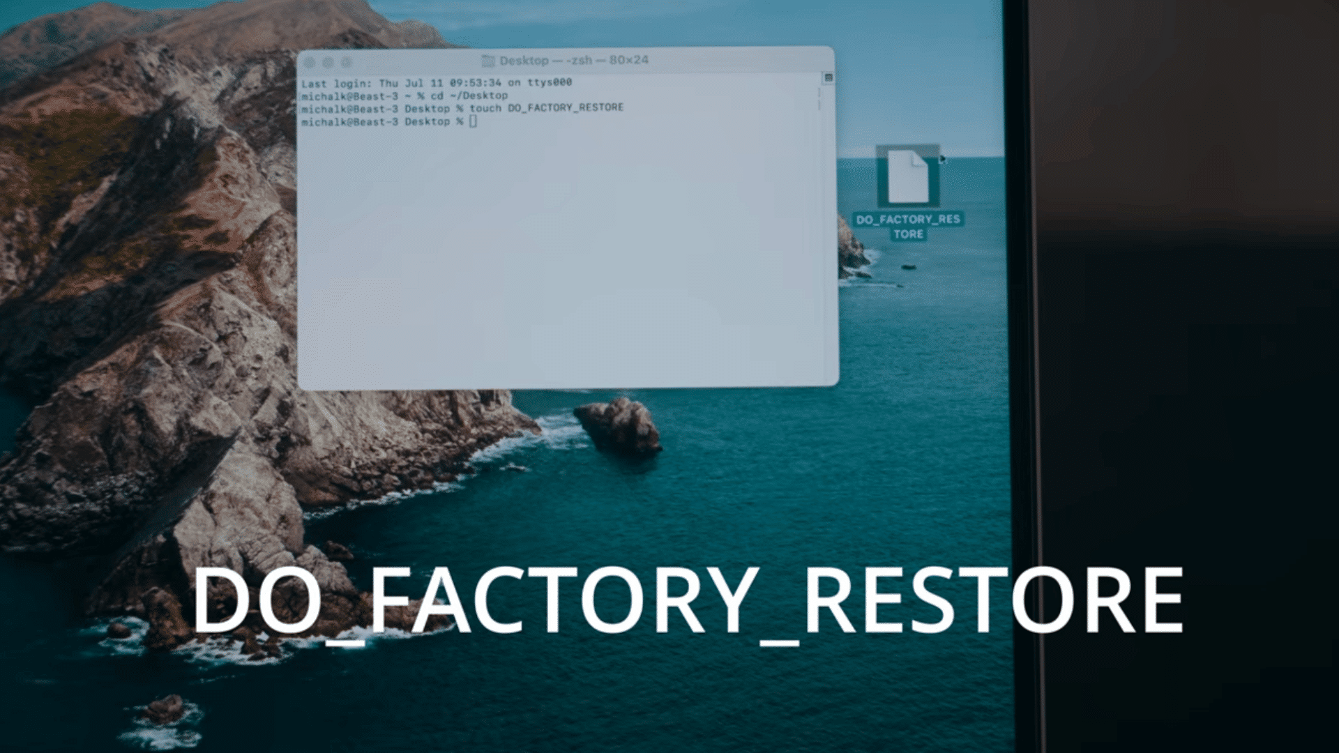 mac computer screen showing a terminal window and do factory restore file created on the desktop