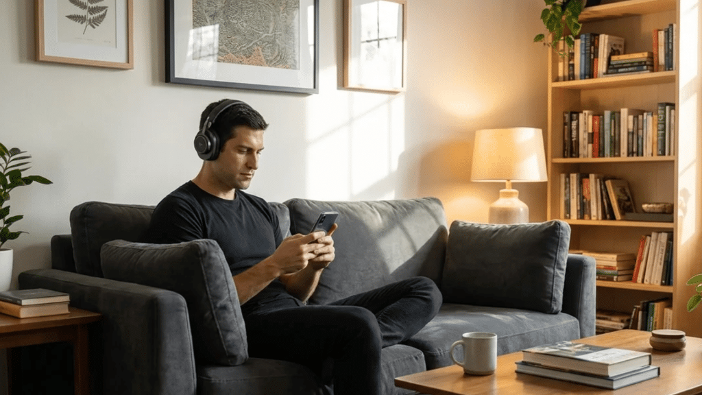 man wearing wireless headphones sits on a gray sofa using a smartphone in a bright living room with bookshelves and plants