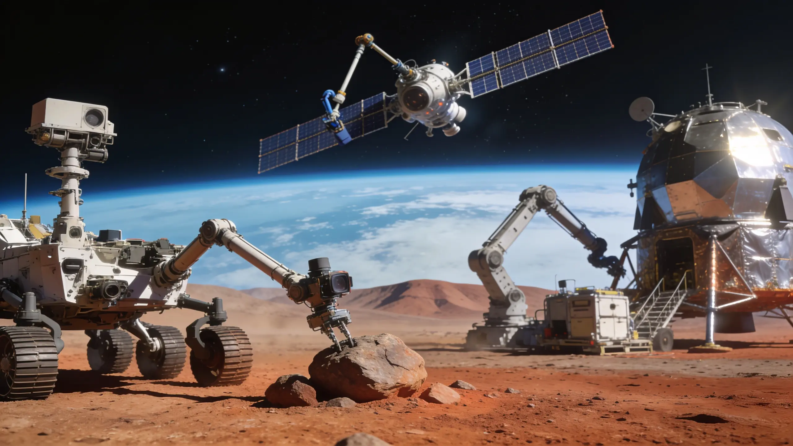 mars rover robotic arm and satellite systems showing current robot work in space missions today