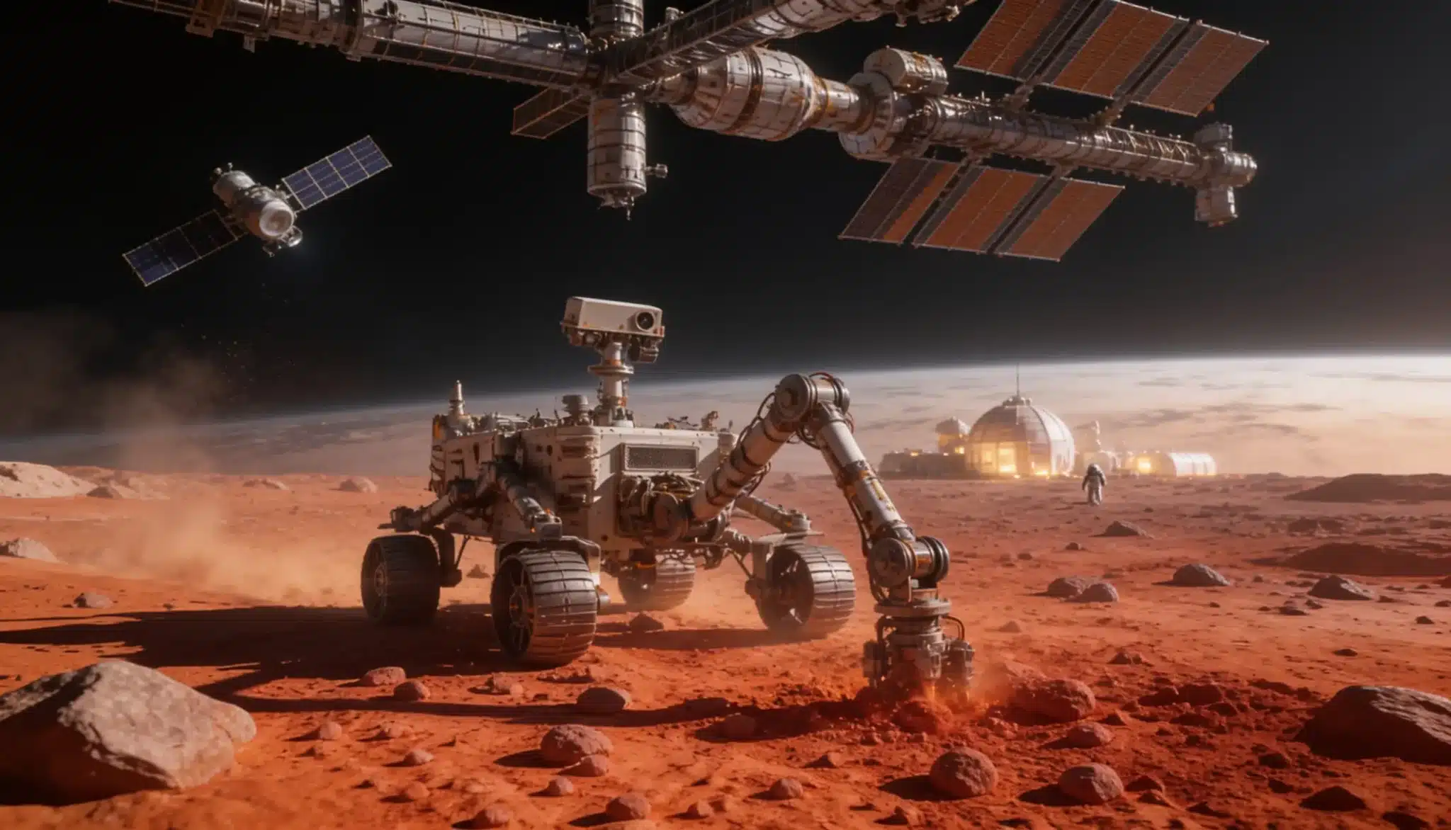 mars rover robotic arm astronaut station and satellite showing robotics in space exploration