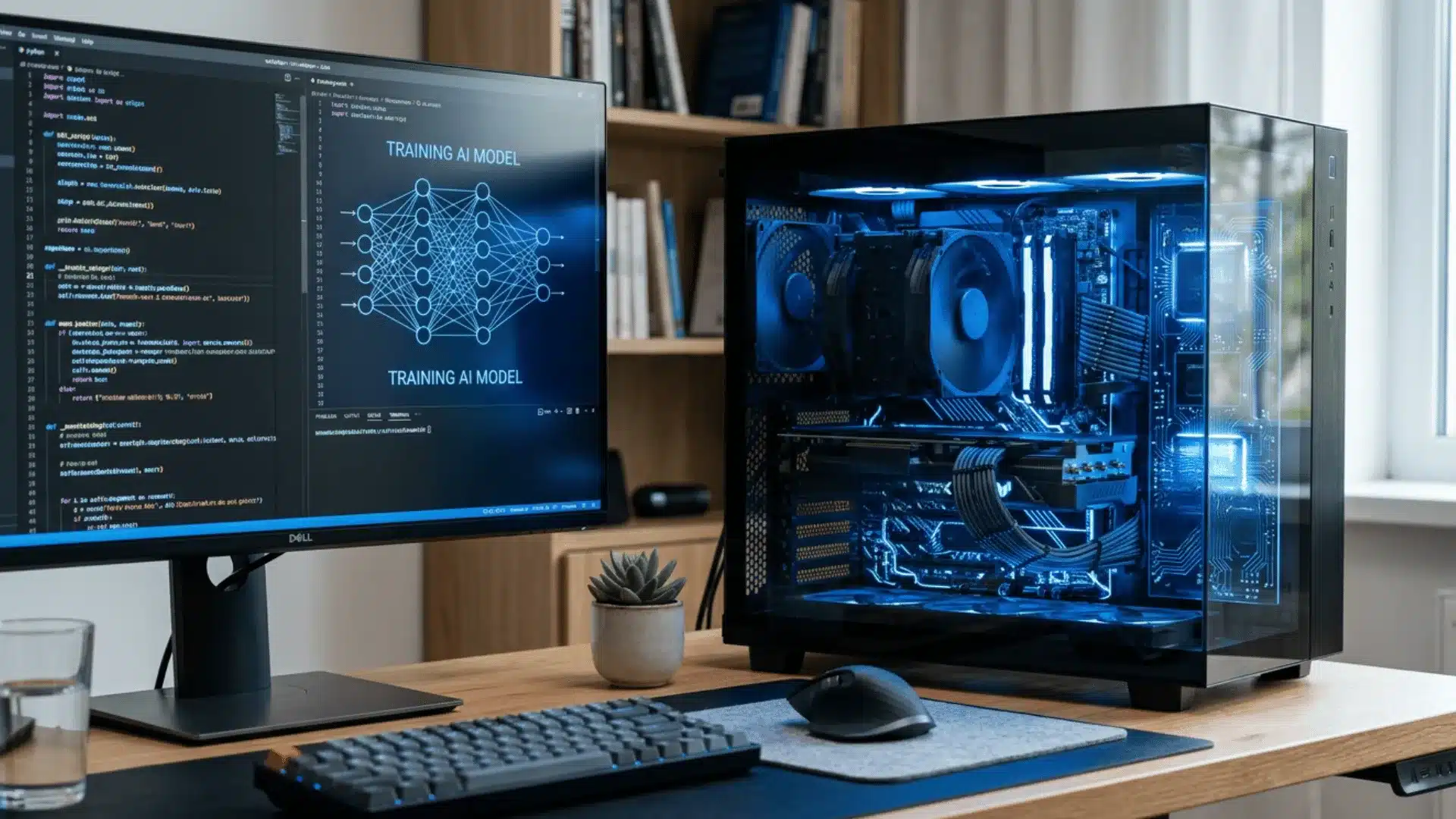Modern AI workstation with monitor displaying code and neural network for TRAINING AI MODEL, next to glowing PC with RTX GPU and NPU accelerators (1)