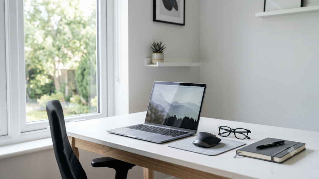 modern laptop on a clean white desk with a wireless mouse eyeglasses and notebook in a minimalist workspace