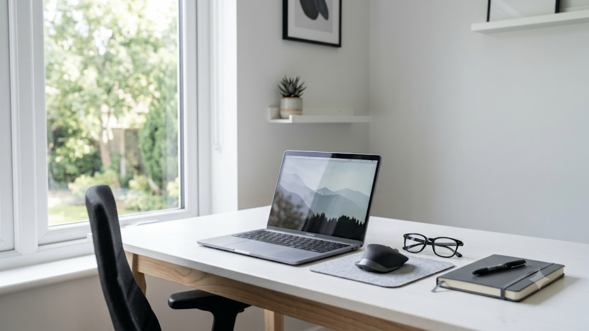 modern laptop on a clean white desk with a wireless mouse eyeglasses and notebook in a minimalist workspace