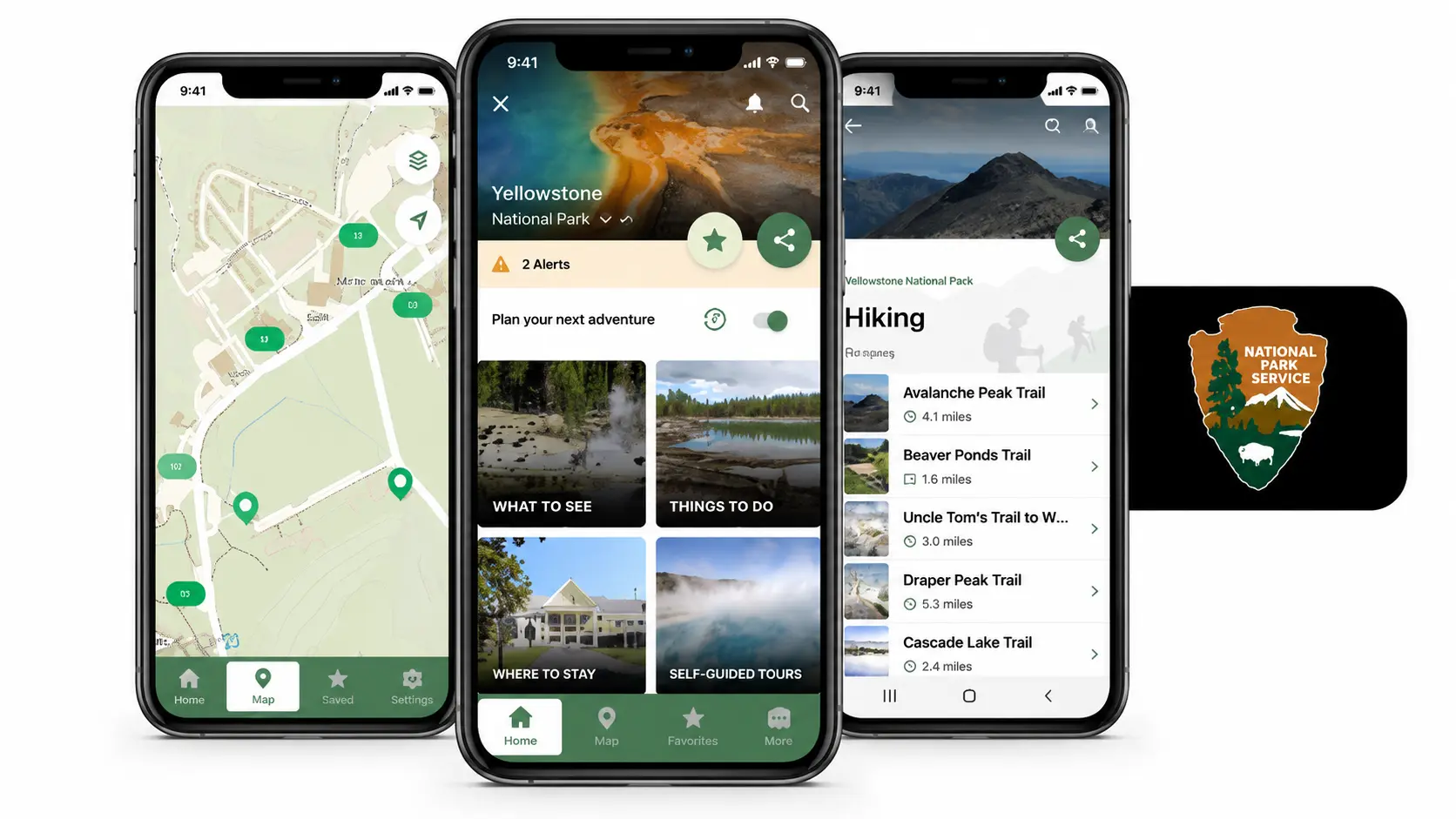 national park service app showing park maps hiking trails and travel information on smartphones