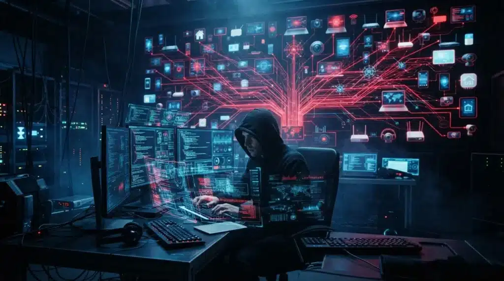 network of infected devices connected to a hacker shows how a botnet secretly controls multiple systems together