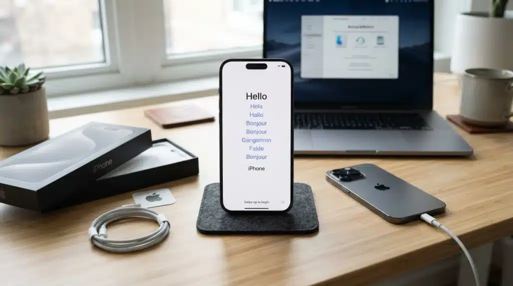 new iphone showing setup assistant welcome screen with transfer and account setup options