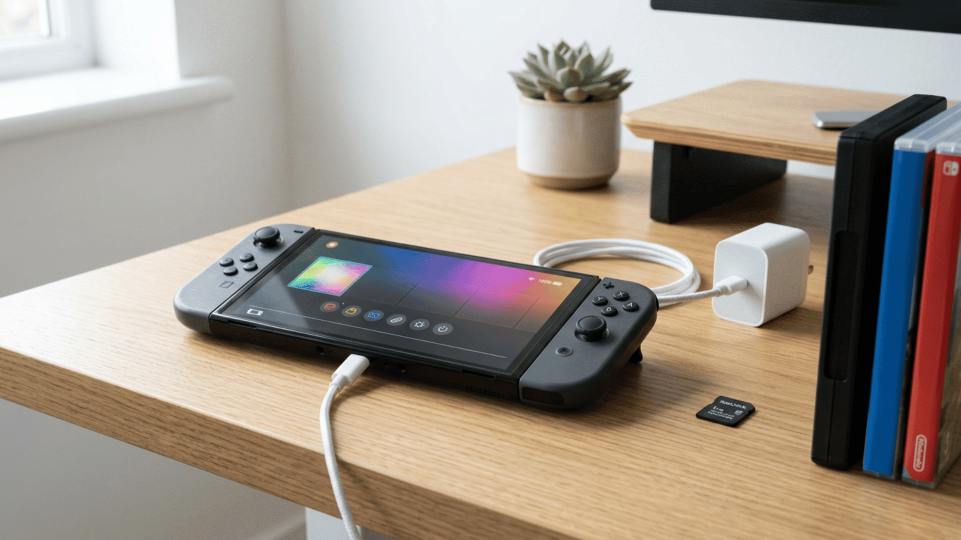 Nintendo Switch 2 with charger, microSD Express card, and accessories highlighting battery and storage features
