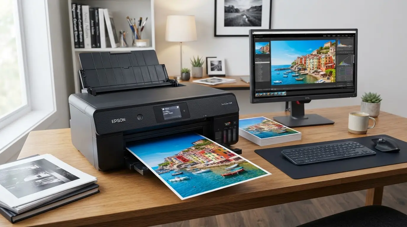 nkjet printer producing sharp colorful prints on glossy paper in a tidy office space with realistic detail